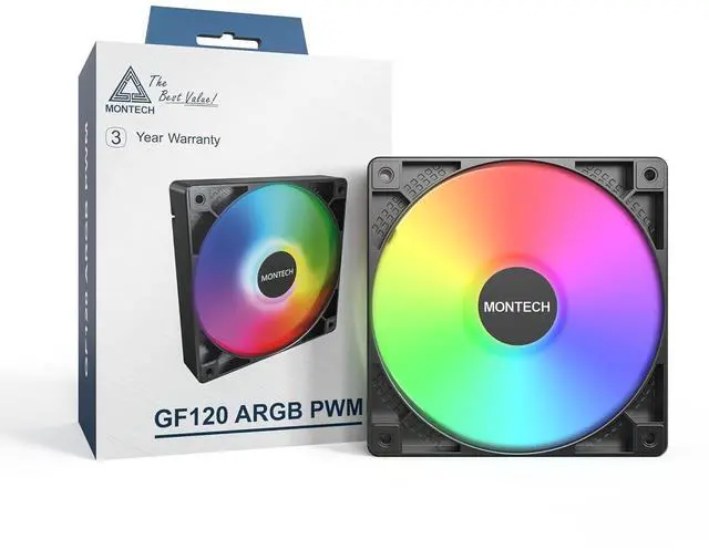Main image of MONTECH GF120 ARGB PWM Hydraulic Bearing Fan 800-1600RPM, Low Noise 25.5dBA, High Airflow 66.3CFM, 4-Pin - 120mm Black