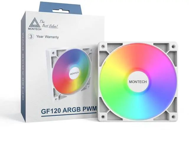 Main image of MONTECH GF120 ARGB PWM Hydraulic Bearing Fan 800-1600RPM, Low Noise 25.5dBA, High Airflow 66.3CFM, 4-Pin - 120mm White