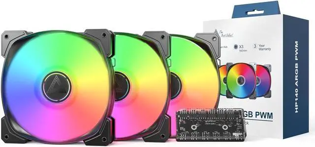 Main image of MONTECH HP140 ARGB PWM Rifle Bearing Fan 600-1600RPM, High Airflow Performing Fan 95.61CFM, 4-Pin, 3 in 1 Pack with 6X6 Fan Hub - 140mm Black