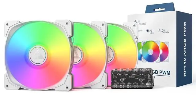 Main image of MONTECH HP140 ARGB PWM Rifle Bearing Fan 600-1600RPM, High Airflow Performing Fan 95.61CFM, 4-Pin, 3 in 1 Pack with 6X6 Fan Hub - 140mm White