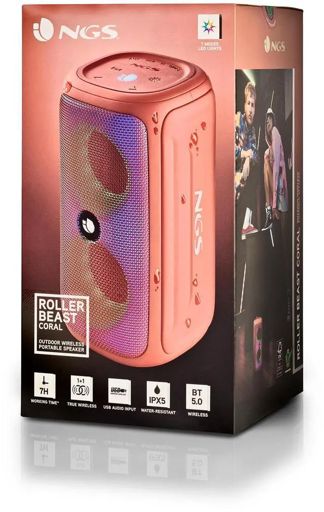 Alt view image 2 of 2 - NGS Roller Beast 32W Wireless & Water-Resistant IPX5 BT Speaker, Coral Model ROLLERBEASTCORAL