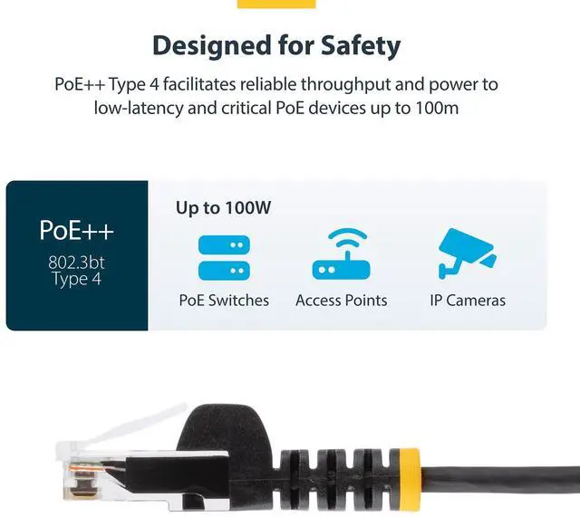Main image of StarTech 15ft Black Slim CAT6 Ethernet Cable, Snagless, 100W PoE, UTP, LSZH, 28AWG Pure Bare Copper Wire, Slim RJ45 Network Patch Cord w/Strain Reliefs, Fluke Tested Model N6PAT15BKS