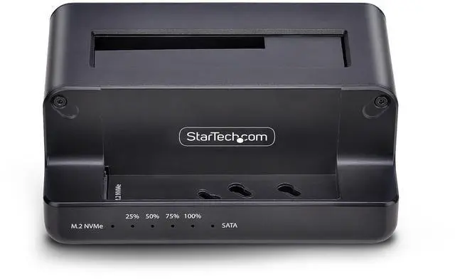 Main image of StarTech M.2 NVMe to 2.5/3.5" SATA Drive Duplicator, Dual Bay Standalone SSD Cloner/Drive Dock, Bidirectional NVMe to SATA / SATA to NVMe, Up to 27GBpm, TAA Model N2-M2-SSD-DUPLICATOR