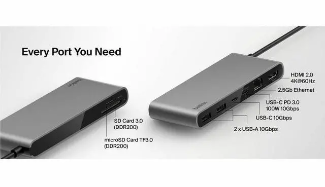 Alt view image 2 of 7 - Belkin 8-Port USB-C Hub 2xUSB-A, 2xUSB-C, 1xHDMI, 1xEthernet, 1xSD Reader, 1xMicroSD Reader Grey Model INC024FQSGY
