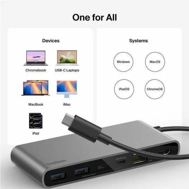 Alt view image 4 of 7 - Belkin 8-Port USB-C Hub 2xUSB-A, 2xUSB-C, 1xHDMI, 1xEthernet, 1xSD Reader, 1xMicroSD Reader Grey Model INC024FQSGY