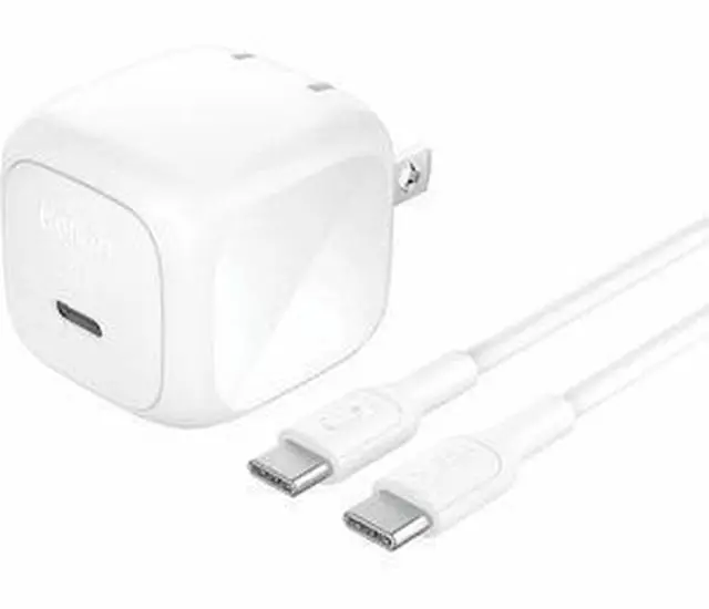 Main image of Belkin 45W Portable Cubic USB-C Wall Charger w/ USB-C Cable 1xUSB-C Foldable Prongs Fast Charge Power Adapter White Model WCA013DQ1MWH-B6
