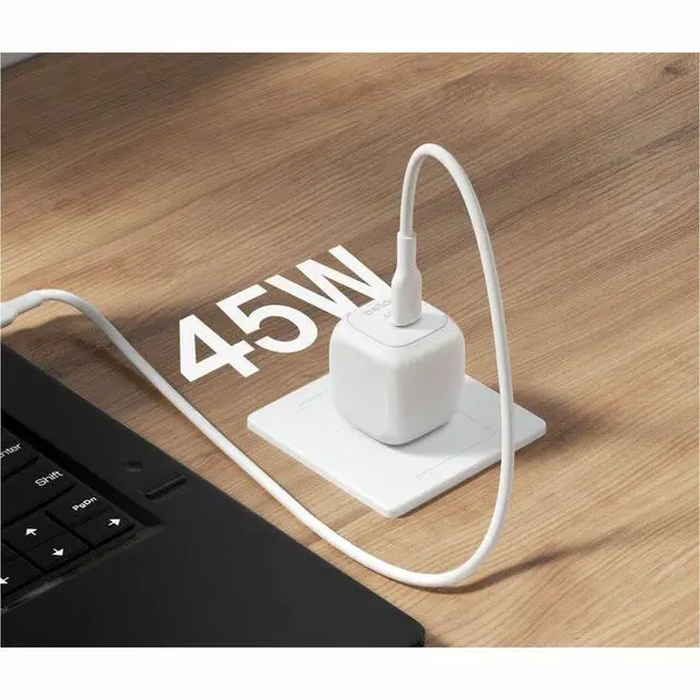 Alt view image 6 of 7 - Belkin 45W Portable Cubic USB-C Wall Charger w/ USB-C Cable 1xUSB-C Foldable Prongs Fast Charge Power Adapter White Model WCA013DQ1MWH-B6