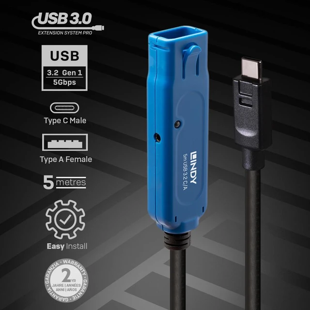 Main image of Lindy 5m USB 3.2 Gen 1 C/A Active Extension Pro - 43380