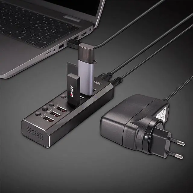 Main image of Lindy 4 Port USB 3.0 Hub with 3 Quick Charge 3.0 Ports USB 3.2 Gen 1 (3.1 Gen 1) Type-B 5000 Mbit/s Black - 43371