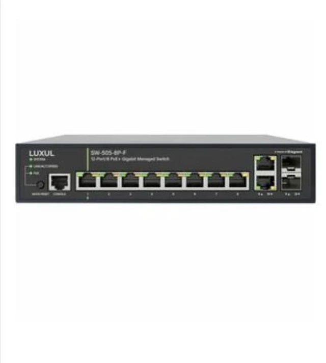 Alt view image 3 of 4 - Luxul 1Gb L2/L3 Managed Switch - 8 PoE+, 2 RJ45, 2 SFP Front-Facing Ports - 8 Ports - Manageable - Gigabit Ethernet - 1000Base-T, 1000Base-X - 3 Layer Supported - Modular - TAA - SW-505-8P-F