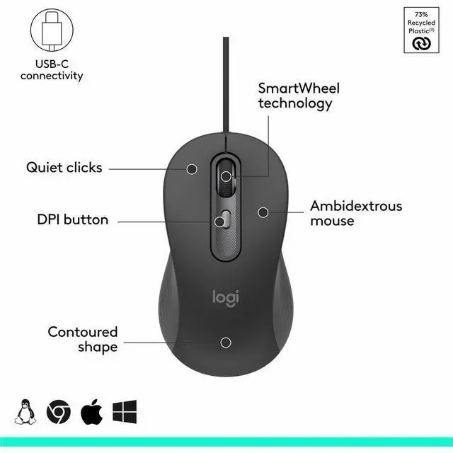 Alt view image 3 of 4 - Logitech Signature Wired M520 Large for Business, Optical Wired Mouse, USB-C Plug-and-Play, Graphite - 910-007497
