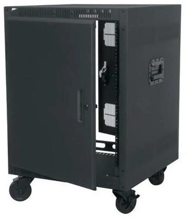 Main image of Middle Atlantic 14RU PTRK Portable Rolling 4-Post Rack 24in Depth Floor Rack No Wood Laminate Top TAA Compliant PTRK-14