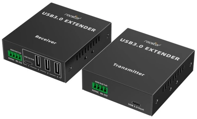 Main image of Rocstor TrueReach TR16 4-Port USB 3.0 Over Ethernet Extender - Up to 328ft Cat6a/7, 164 ft Cat6 Distance - USB-C Transmitter, 4x USB 3.0 Receiver - Kit -Black - Y10G016-B1