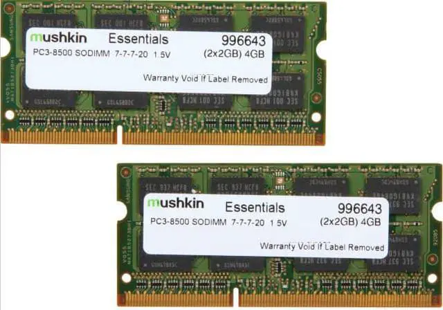Main image of Mushkin Enhanced 4GB (2 x 2GB) Essentials DDR3 PC3-8500 1066MHz 204-Pin Laptop Memory Model 996643