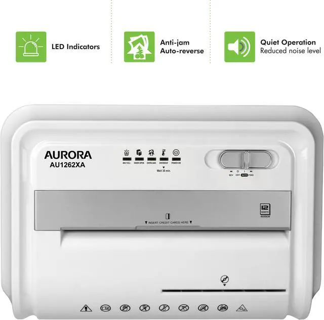 Alt view image 5 of 7 - Aurora AU1262XA Anti-Jam 12-Sheet Crosscut Paper and CD/Credit Card Shredder, White/Gray