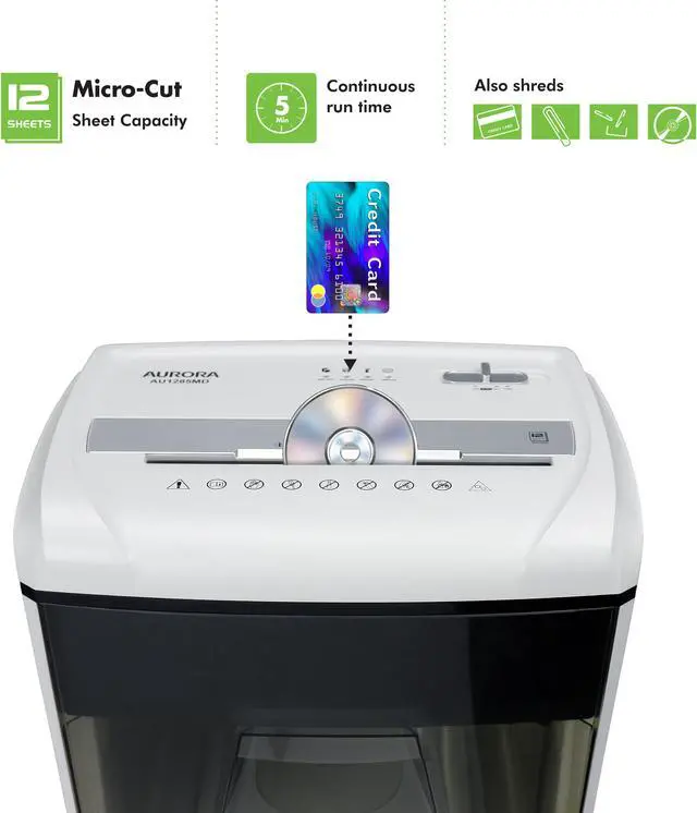 Alt view image 2 of 7 - Aurora AU1285MD Compact Desktop-Style High Security 12-Sheet Micro-Cut Paper and CD/Credit Card/Junk Mail Pullout Basket Shredder, White/ Black