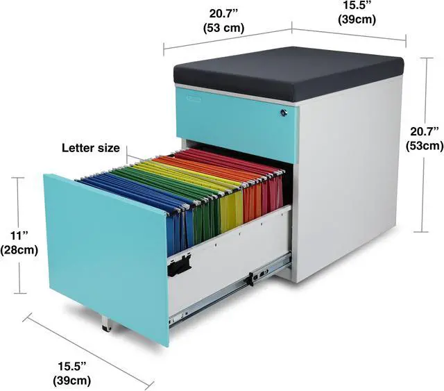 Alt view image 4 of 4 - Aurora FC-S102BL Fully Assembled Modern Soho Design 2-Drawer Metal Mobile File Cabinet with Seat Cushion, White/ Aqua Blue/ Gray (seat cushion)