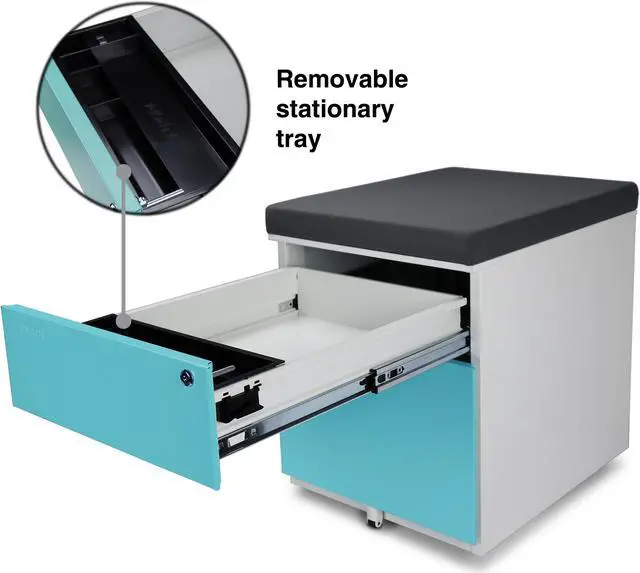 Alt view image 3 of 4 - Aurora FC-S102BL Fully Assembled Modern Soho Design 2-Drawer Metal Mobile File Cabinet with Seat Cushion, White/ Aqua Blue/ Gray (seat cushion)