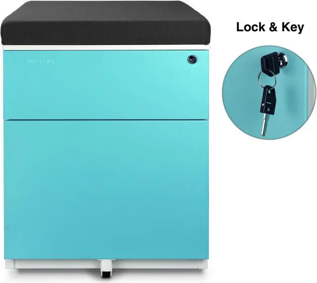 Alt view image 2 of 4 - Aurora FC-S102BL Fully Assembled Modern Soho Design 2-Drawer Metal Mobile File Cabinet with Seat Cushion, White/ Aqua Blue/ Gray (seat cushion)