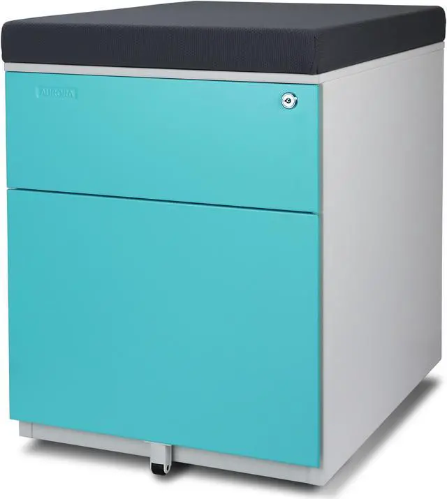 Main image of Aurora FC-S102BL Fully Assembled Modern Soho Design 2-Drawer Metal Mobile File Cabinet with Seat Cushion, White/ Aqua Blue/ Gray (seat cushion)