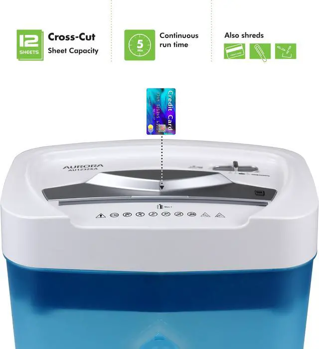 Alt view image 2 of 7 - Aurora AU1232XA Anti-Jam 12-Sheet Crosscut Paper/ Credit Card Shredder with 5.2-gallon Wastebasket (White/ Semi Translucent Blue)