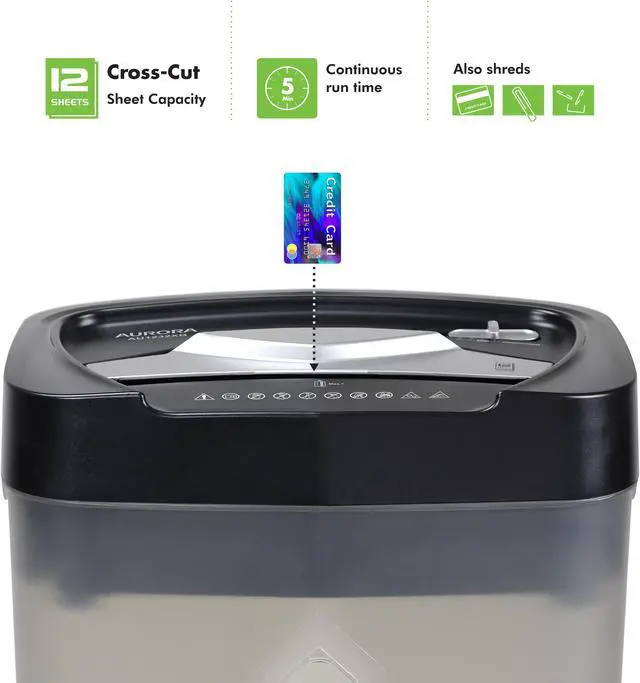 Alt view image 2 of 7 - Aurora AU1232XB Anti-Jam 12-Sheet Crosscut Paper/ Credit Card Shredder with 5.2-gallon Wastebasket (Black/ Semi Translucent Gray)