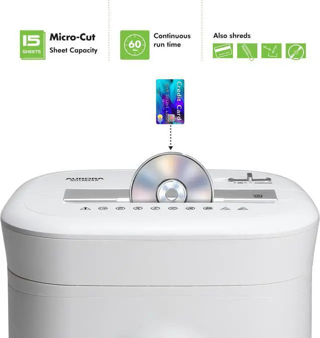 Alt view image 2 of 7 - Aurora AU1562XA Heavy Duty Anti-Jam 15-Sheet Crosscut Shredder/60 Min Run Time/ 6-Gallon Pullout Basket, White