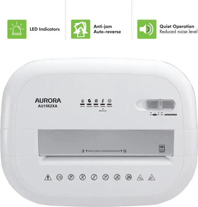 Alt view image 5 of 7 - Aurora AU1562XA Heavy Duty Anti-Jam 15-Sheet Crosscut Shredder/60 Min Run Time/ 6-Gallon Pullout Basket, White