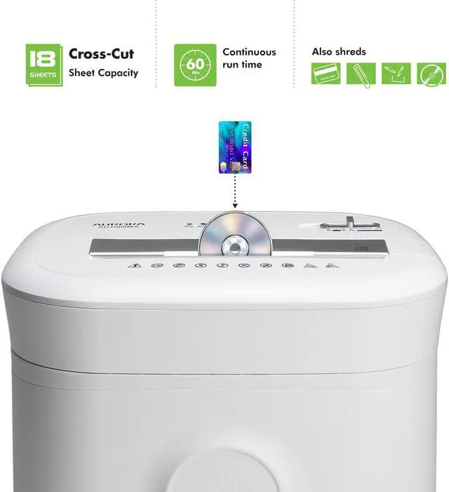 Alt view image 2 of 7 - Aurora AU1802XA Anti-Jam 18-Sheet Crosscut Paper and CD/Credit Card Shredder/ 6-Gallon Pullout Basket / 60 Minutes Run Time