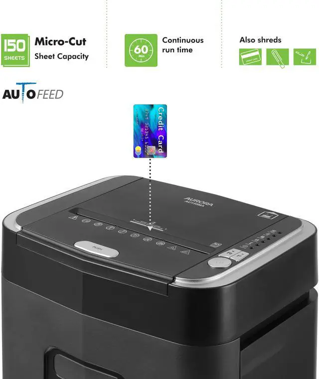 Alt view image 2 of 7 - Aurora Professional Grade 150-Sheet Auto Feed Micro-Cut Paper and Credit Card Shredder with 6.3 Gallon Pullout Basket / 60 Minutes / Security Level P-4