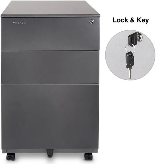 Alt view image 2 of 4 - Aurora Modern SOHO Design 3-Drawer Metal Mobile File Cabinet with Lock Key Fully Assembled, (FC-103MB) Metallic Charcoal