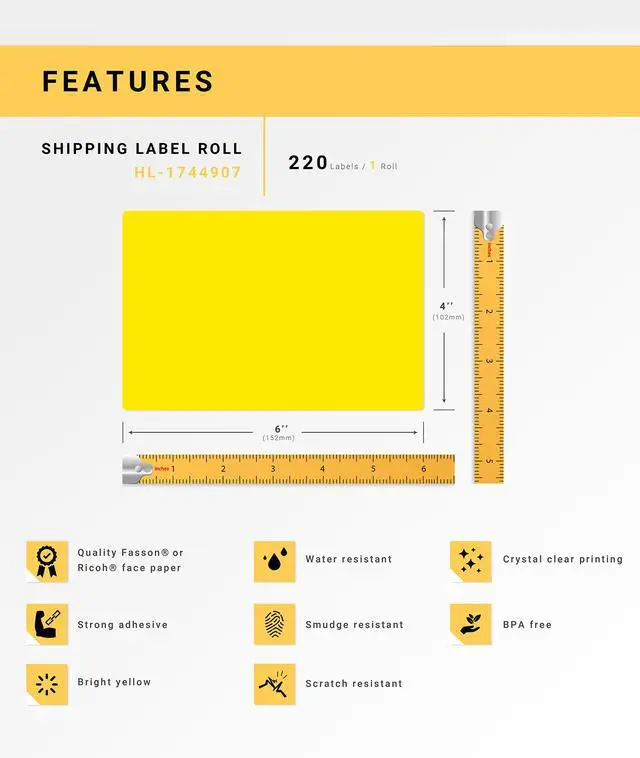 Alt view image 4 of 7 - HOUSELABELS Compatible DYMO 1744907 4XL YELLOW Shipping Labels (4" x 6"), strong permanent adhesive, compatible with DYMO LW 4XL, Rollo & Zebra Desktop Printers, 1 Roll /220 Labels