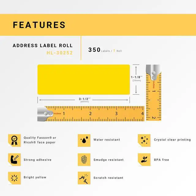 Alt view image 4 of 7 - HOUSELABELS Compatible DYMO 30252 YELLOW Address Labels (1-1/8" x 3-1/2"), strong permanent adhesive, compatible with DYMO LW 450, 4XL, Rollo & Zebra Desktop Printers, 2 Rolls /700 Labels
