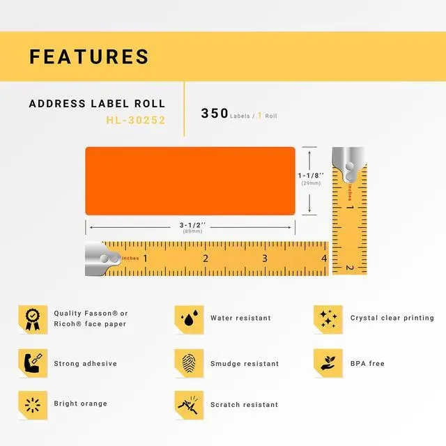 Alt view image 4 of 7 - HOUSELABELS Compatible DYMO 30252 ORANGE Address Labels (1-1/8" x 3-1/2"), strong permanent adhesive, compatible with DYMO LW 450, 4XL, Rollo & Zebra Desktop Printers, 2 Rolls /700 Labels