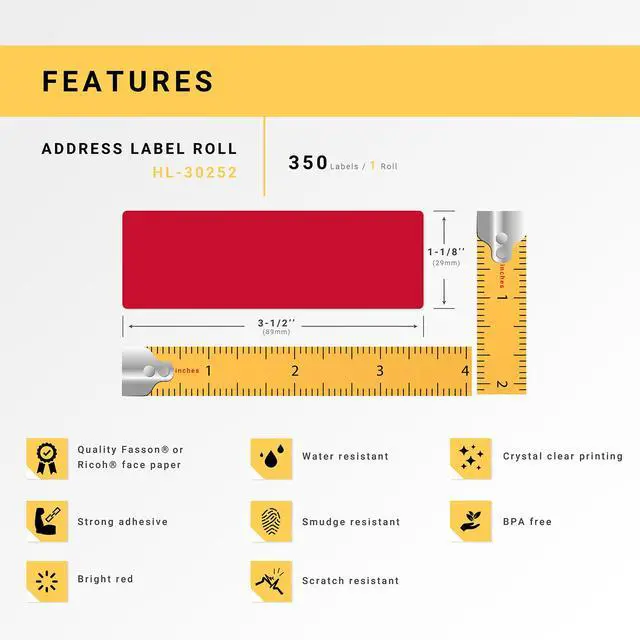 Alt view image 4 of 7 - HOUSELABELS Compatible DYMO 30252 RED Address Labels (1-1/8" x 3-1/2"), strong permanent adhesive, compatible with DYMO LW 450, 4XL, Rollo & Zebra Desktop Printers, 2 Rolls /700 Labels