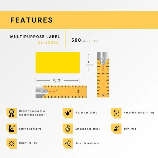 Alt view image 4 of 7 - HOUSELABELS Compatible DYMO 30336 YELLOW Multipurpose Labels (1" x 2-1/8"), strong permanent adhesive, compatible with DYMO LW 450, 4XL, Rollo & Zebra Desktop Printers, 2 Rolls /1000 Labels