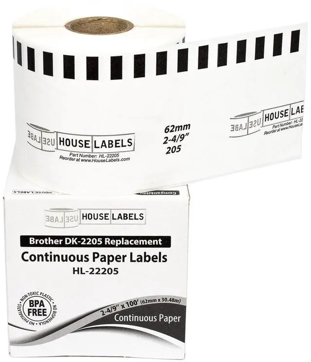 Main image of HOUSELABELS Compatible with DK-2205 Replacement Roll for Brother QL Label Printers; Continuous Length Labels; 2-4/9" x 100 feet (62mm*30.48m) - 8 Rolls