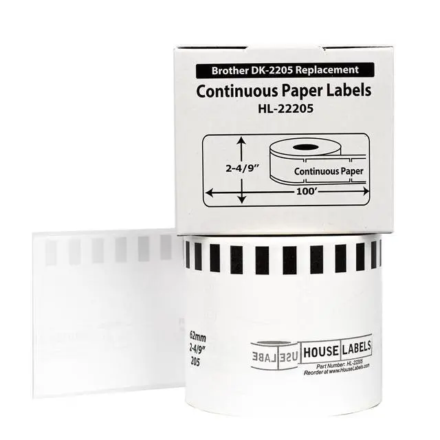 Alt view image 2 of 7 - HOUSELABELS Compatible with DK-2205 Replacement Roll for Brother QL Label Printers; Continuous Length Labels; 2-4/9" x 100 feet (62mm*30.48m) - 8 Rolls