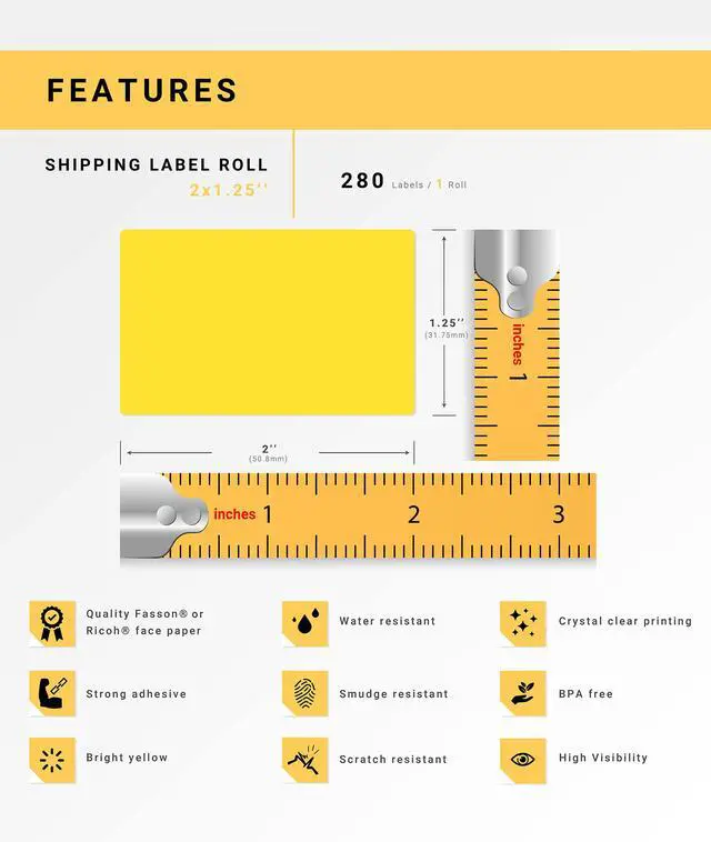 Alt view image 4 of 7 - HOUSELABELS 2" x 1.25" Yellow Multipurpose Labels on 0.75" Core Compatible With Zebra and Rollo Printers, 2 Rolls / 280 Labels per Roll