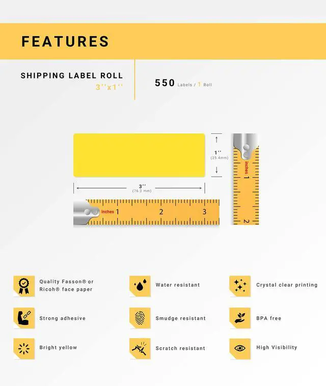Alt view image 4 of 7 - HOUSELABELS 3" x 1" Yellow Multipurpose Labels on 0.75" Core Compatible With Zebra and Rollo Printers, 2 Rolls / 550 Labels per Roll