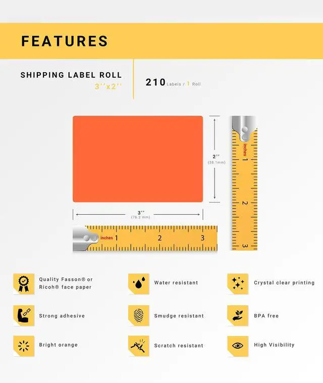 Alt view image 4 of 7 - HOUSELABELS 3" x 2" Orange Large Barcode Labels on 0.75" Core Compatible With Zebra and Rollo Printers, 6 Rolls / 210 Labels per Roll