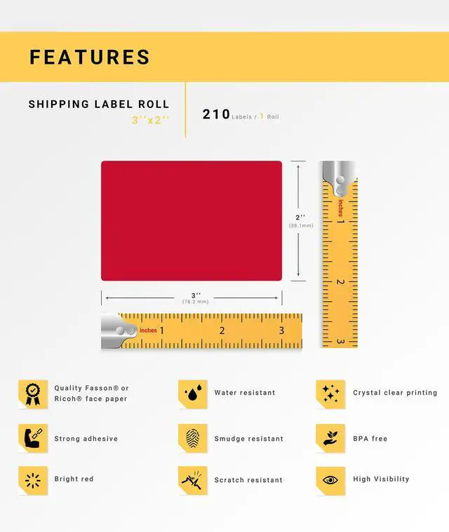 Alt view image 4 of 7 - HOUSELABELS 3" x 2" Red Large Barcode Labels on 0.75" Core Compatible With Zebra and Rollo Printers, 6 Rolls / 210 Labels per Roll