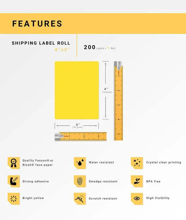 Alt view image 4 of 7 - HOUSELABELS 4" x 3" Yellow Shipping Labels on 0.75" Core Compatible With Zebra and Rollo Printers, 1 Roll / 200 Labels per Roll