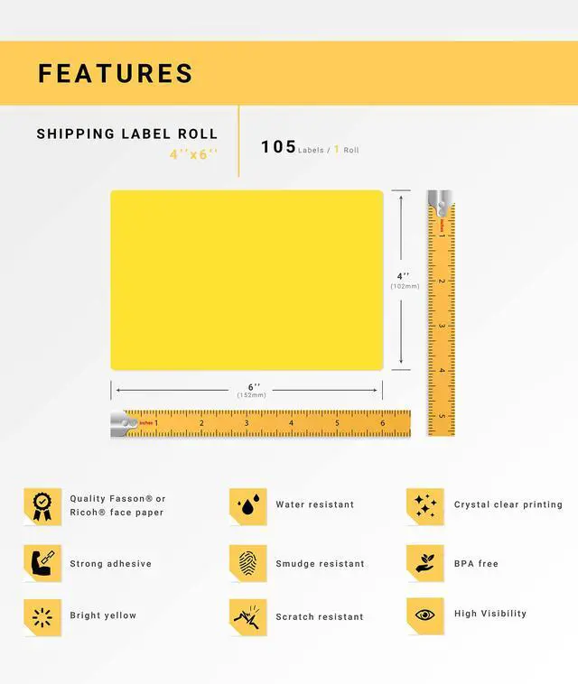 Alt view image 4 of 7 - HOUSELABELS 4" x 6" Yellow Shipping Labels on 0.75" Core Compatible With Zebra and Rollo Printers, 1 Roll / 105 Labels per Roll