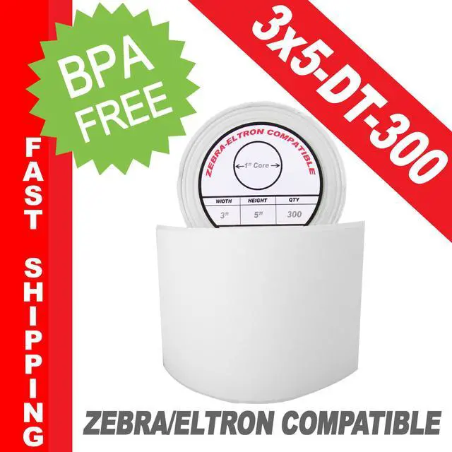 Main image of Zebra/Eltron-Compatible 3 x 5 Labels (3" x 5") -- BPA Free! (1 Roll; 300 Labels per Roll)