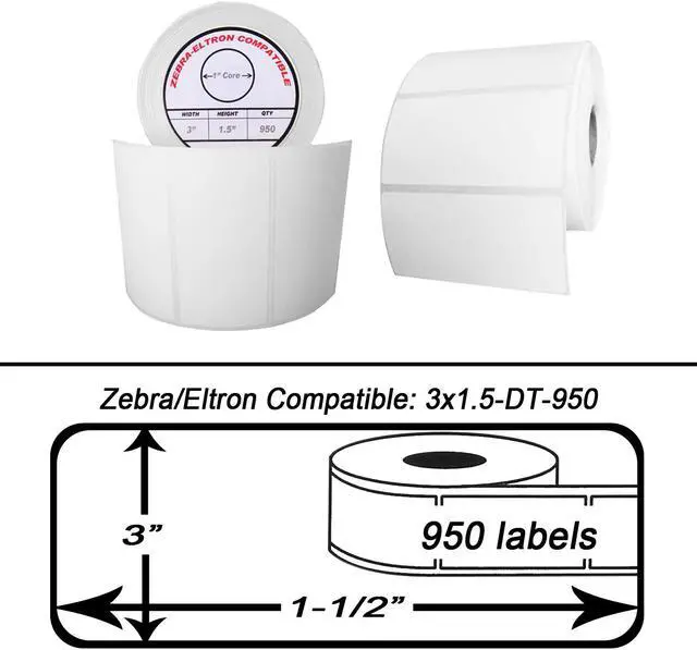 Alt view image 3 of 3 - Zebra/Eltron-Compatible 3 x 1.5 Labels (3" x 1-1/2") -- BPA Free! (1 Roll; 950 Labels per Roll)