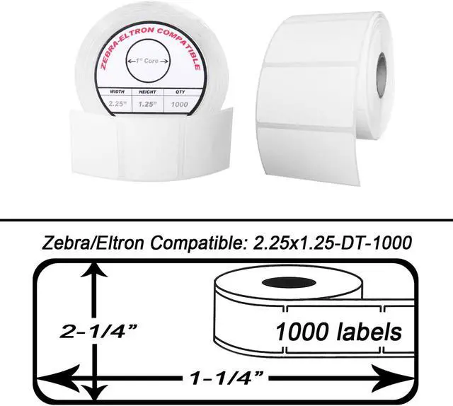 Alt view image 3 of 3 - Zebra/Eltron-Compatible 2.25 x 1.25 Labels (2-1/4" x 1-1/4") -- BPA Free! (1 Roll; 1,000 Labels per Roll)