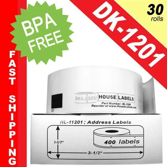 Main image of BROTHER-Compatible DK-1201 Address Labels (1-1/7" x 3-1/2"; 29mm*90mm) -- BPA Free! (30 Rolls; 400 Labels per Roll)
