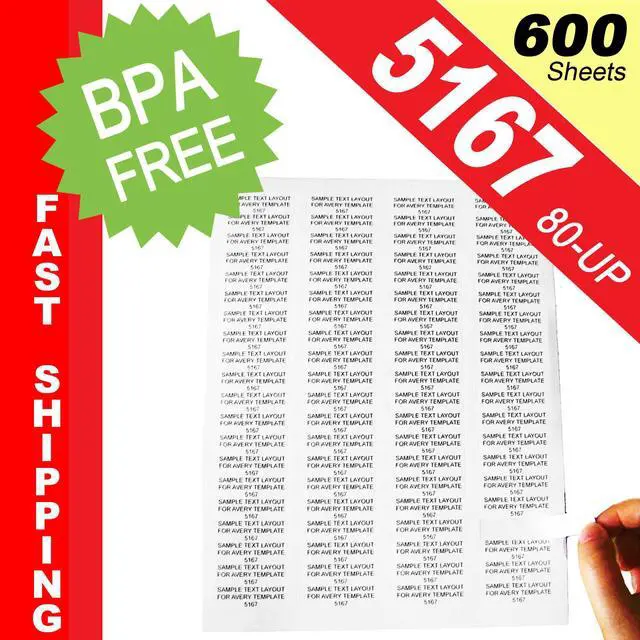 Main image of (600 Sheets; 48,000 Labels), Same Size as Avery© 5167, 80-UP, Return Address Labels, (0.5" x 1-3/4") -- BPA Free!