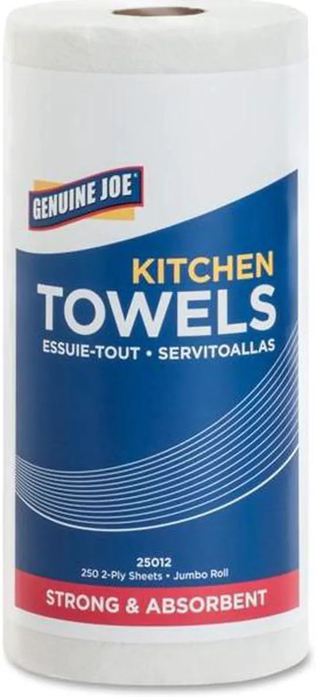 Main image of Genuine Joe 250-sheet Roll Kitchen Towels - 2 Ply - 8" x 11" - 250 Sheets/Roll - White - Paper - Perforated, Chlorine-fr